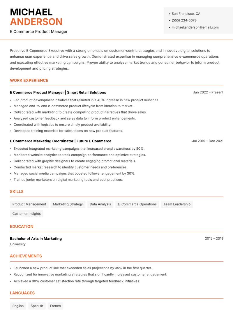 E Commerce Executive Resume Template