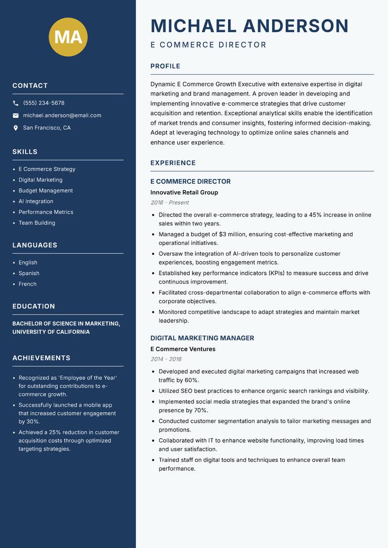 E Commerce Growth Executive Resume Preview Example