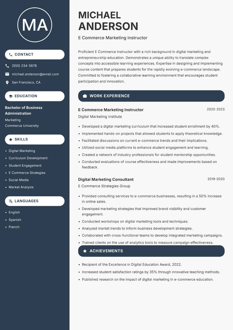E Commerce Instructor Resume Preview Example