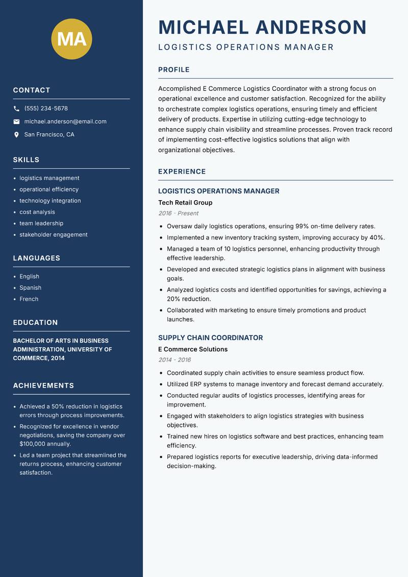 E Commerce Logistics Coordinator Resume Preview Example