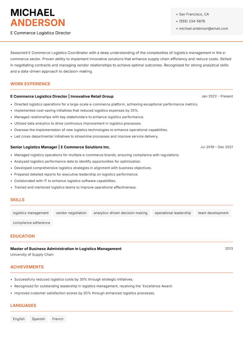 E Commerce Logistics Coordinator Resume Template
