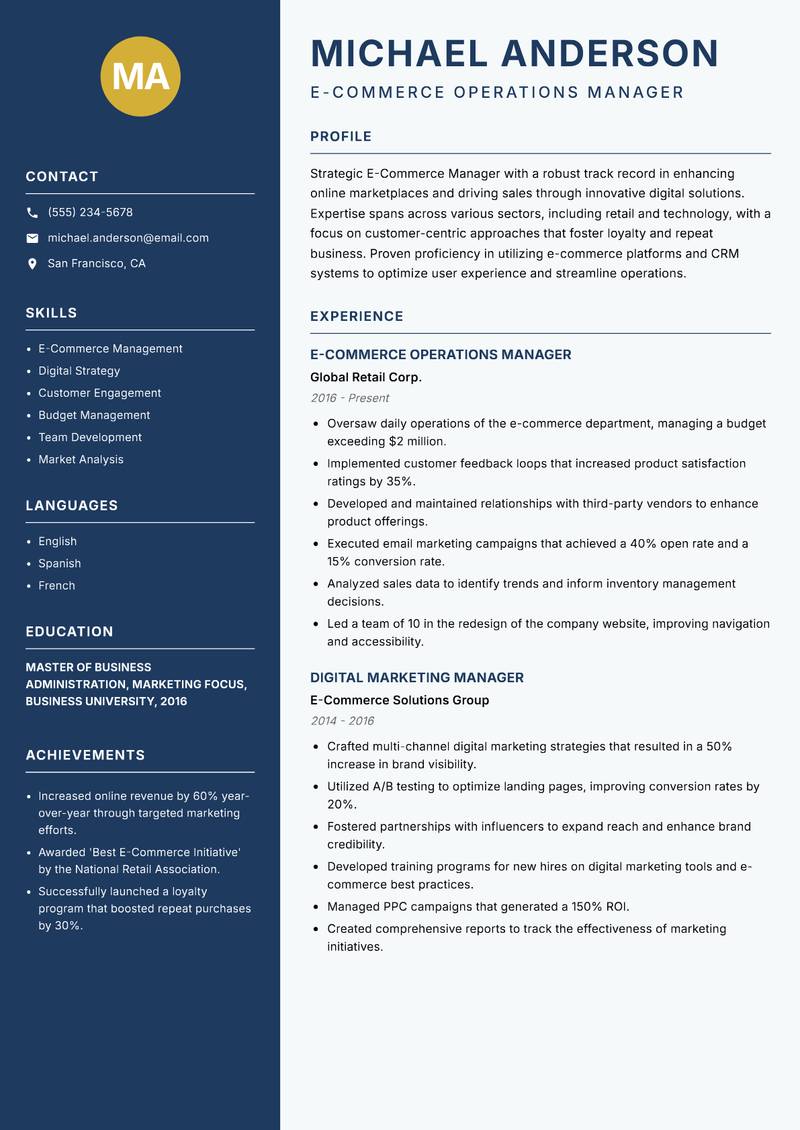 E Commerce Manager Resume Preview Example