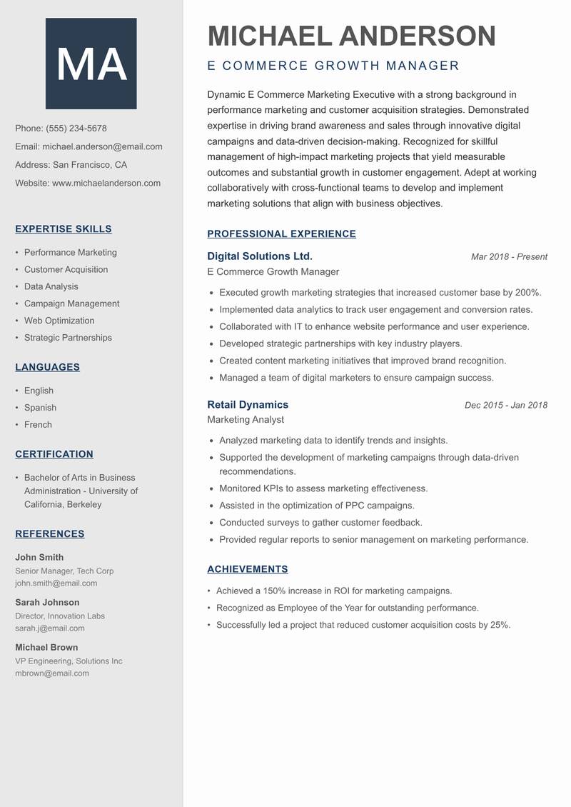 E Commerce Marketing Executive Resume Preview Example