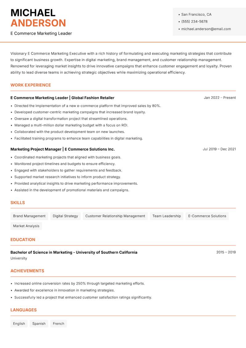 E Commerce Marketing Executive Resume Template