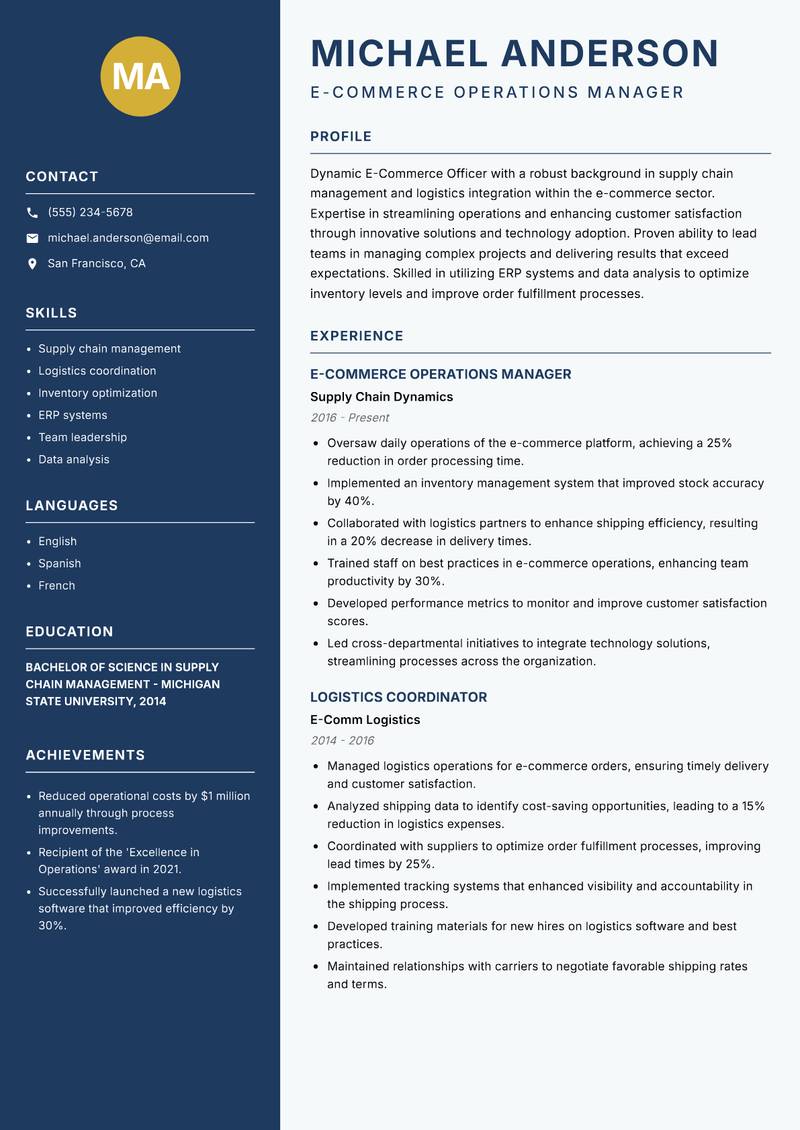 E Commerce Officer Resume Preview Example