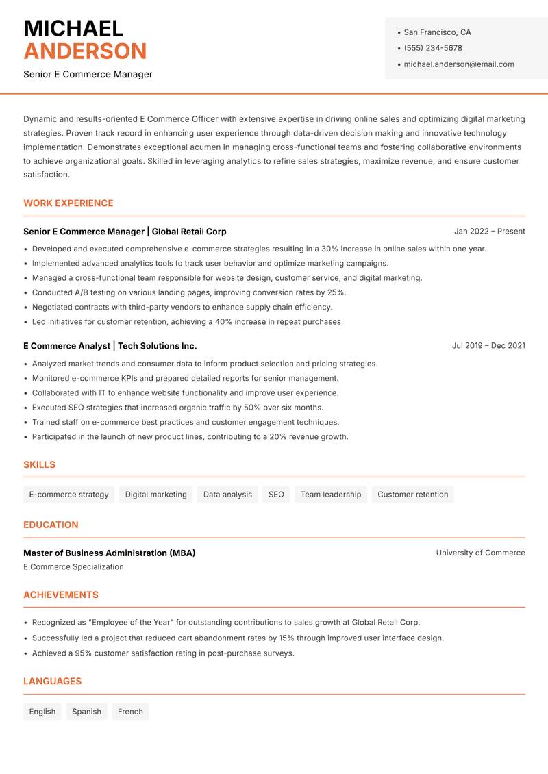 E Commerce Officer Resume Template