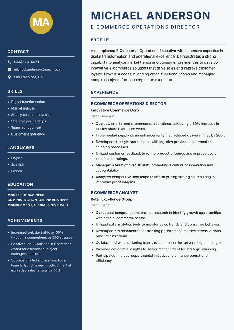 E Commerce Operations Executive Resume Preview Example