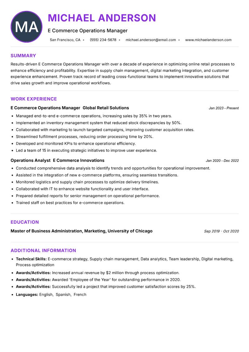 E Commerce Operations Manager Resume Preview Example