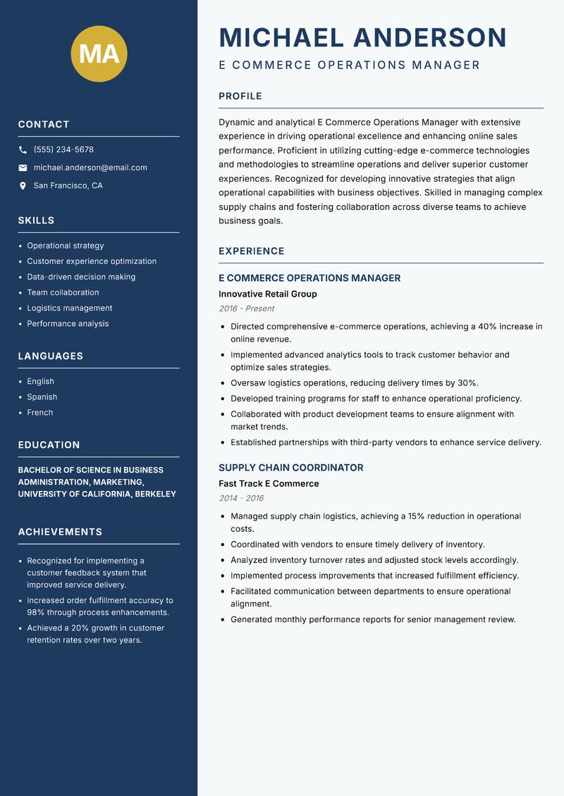 E Commerce Operations Manager Resume Preview Example