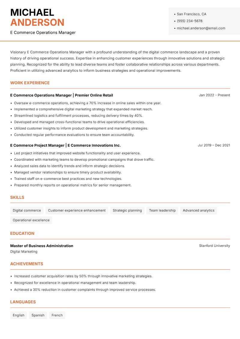 E Commerce Operations Manager Resume Template
