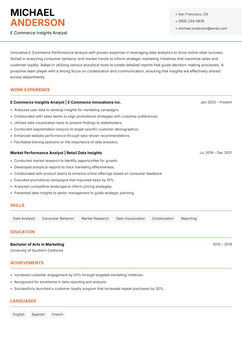 E Commerce Performance Analyst Resume Template