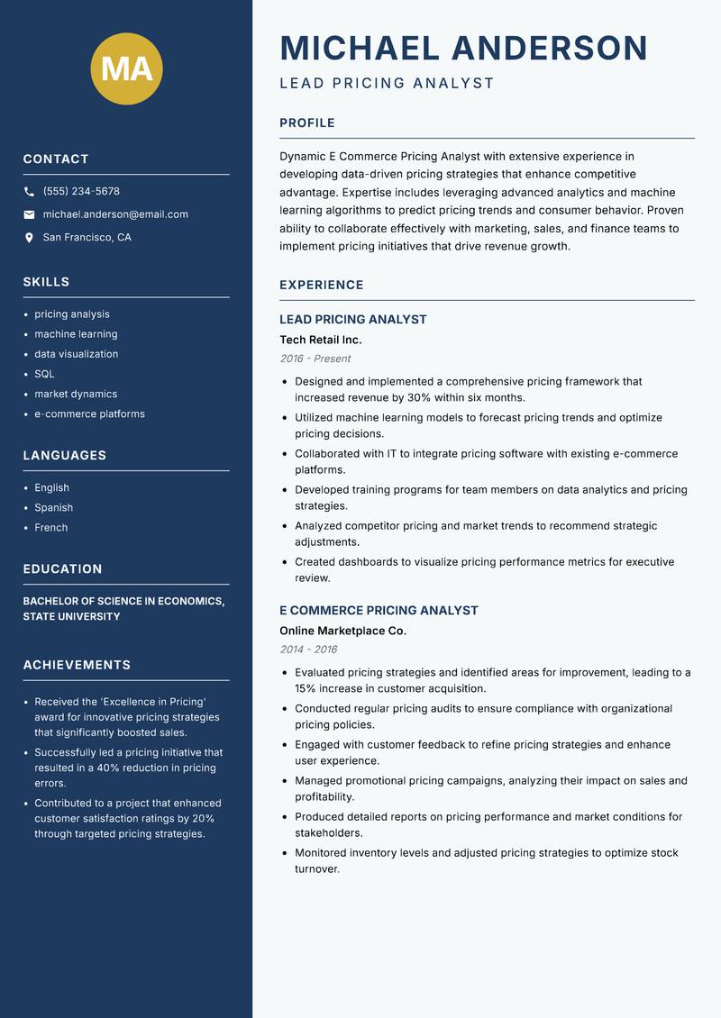 E Commerce Pricing Analyst Resume Preview Example