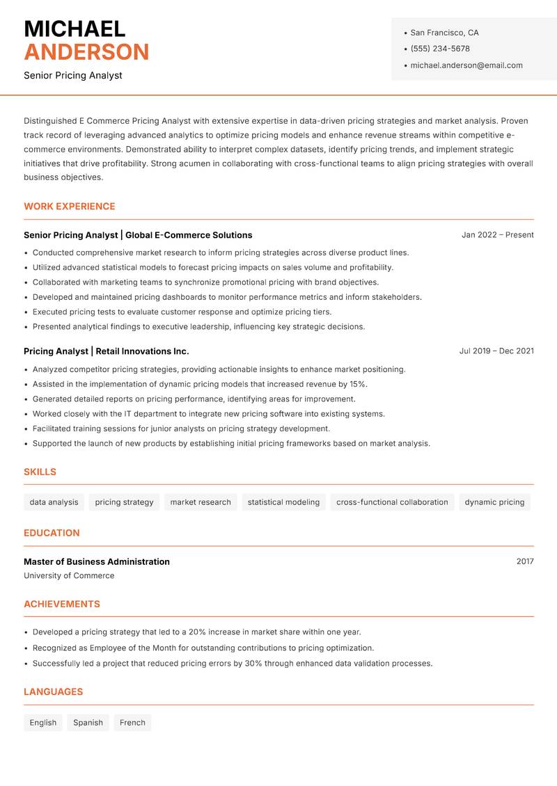 E Commerce Pricing Analyst Resume Template