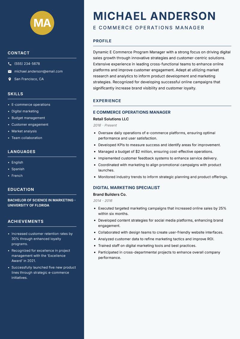 E Commerce Program Manager Resume Preview Example