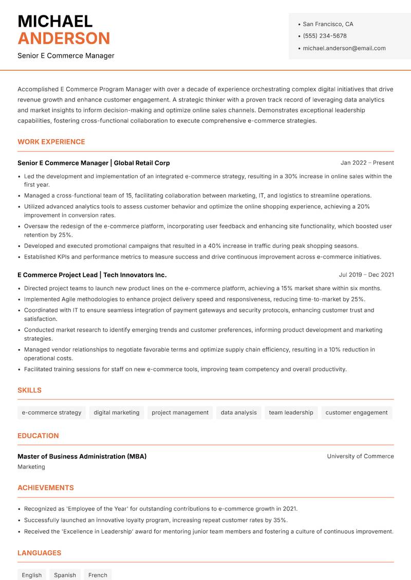 E Commerce Program Manager Resume Template