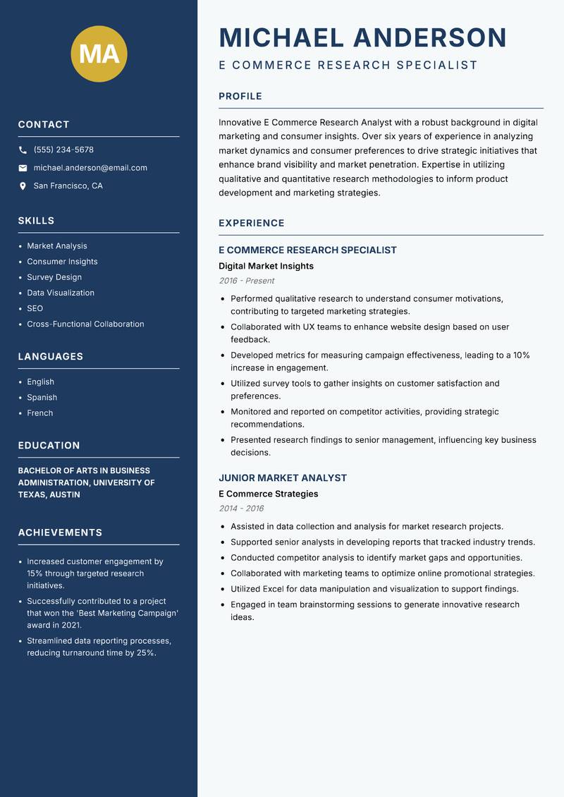 E Commerce Research Analyst Resume Preview Example