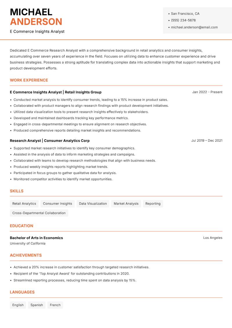 E Commerce Research Analyst Resume Template