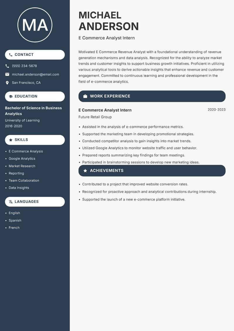 E Commerce Revenue Analyst Resume Preview Example
