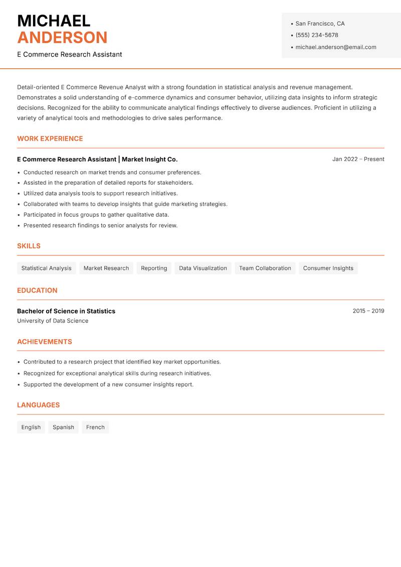 E Commerce Revenue Analyst Resume Template