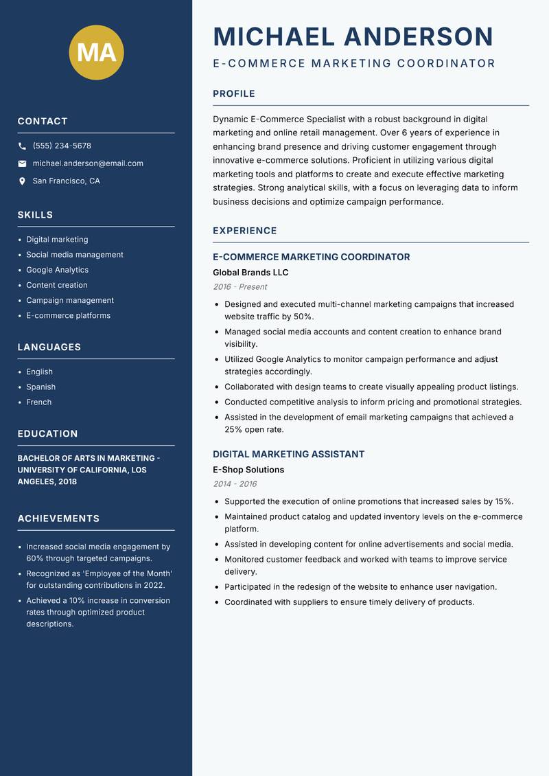 E Commerce Specialist Resume Preview Example