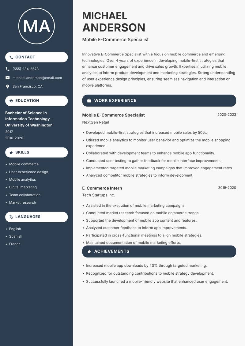 E Commerce Specialist Resume Preview Example