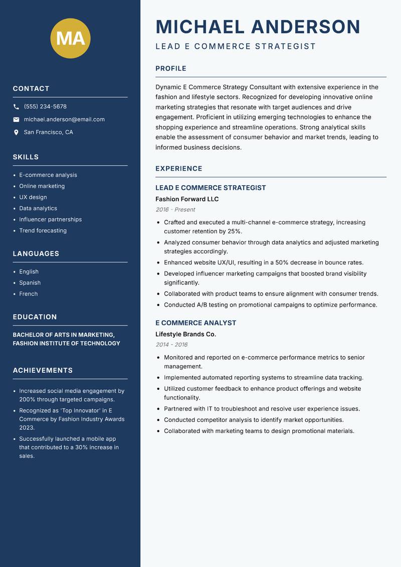 E Commerce Strategy Consultant Resume Preview Example