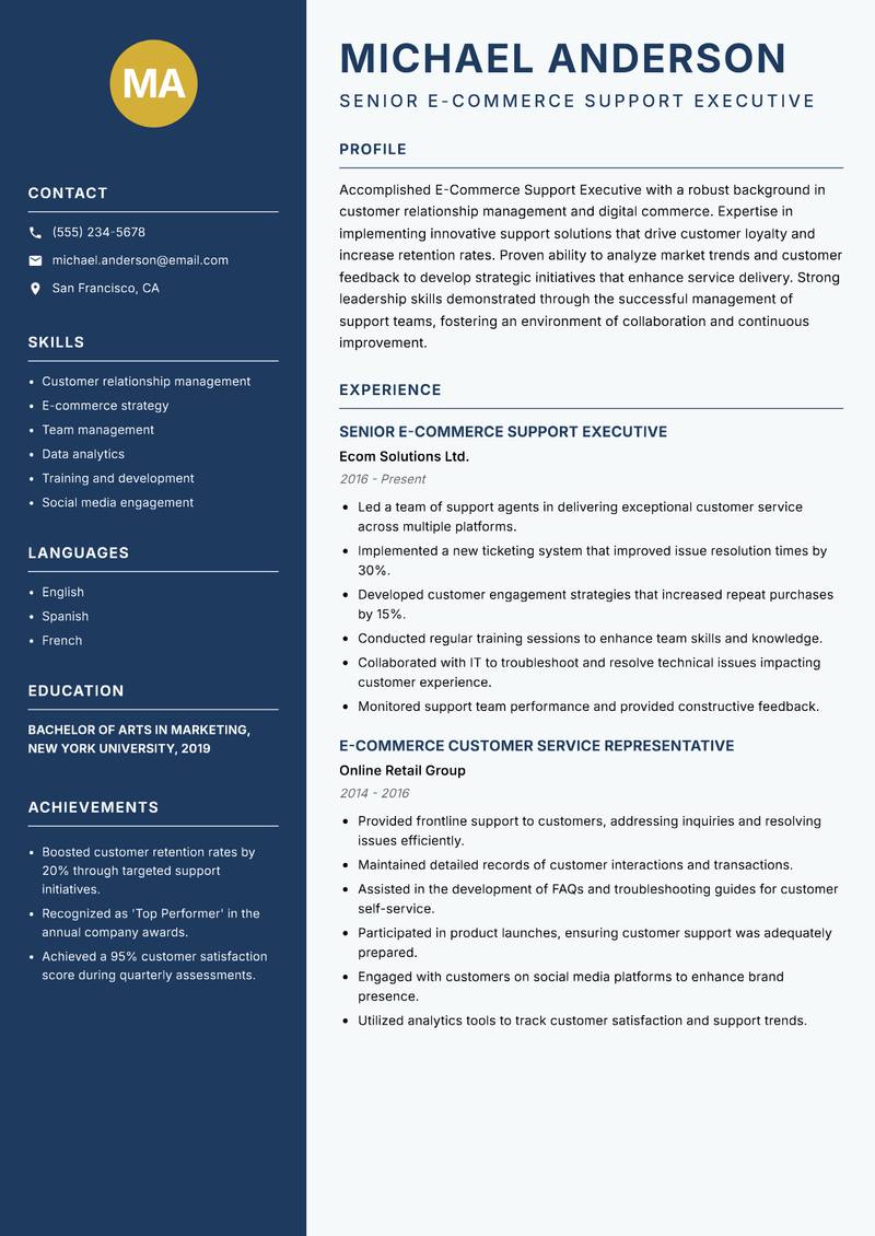 E Commerce Support Executive Resume Preview Example