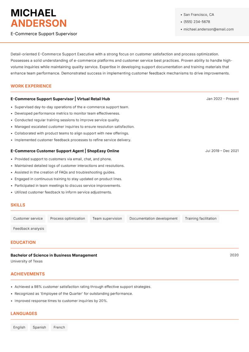 E Commerce Support Executive Resume Template
