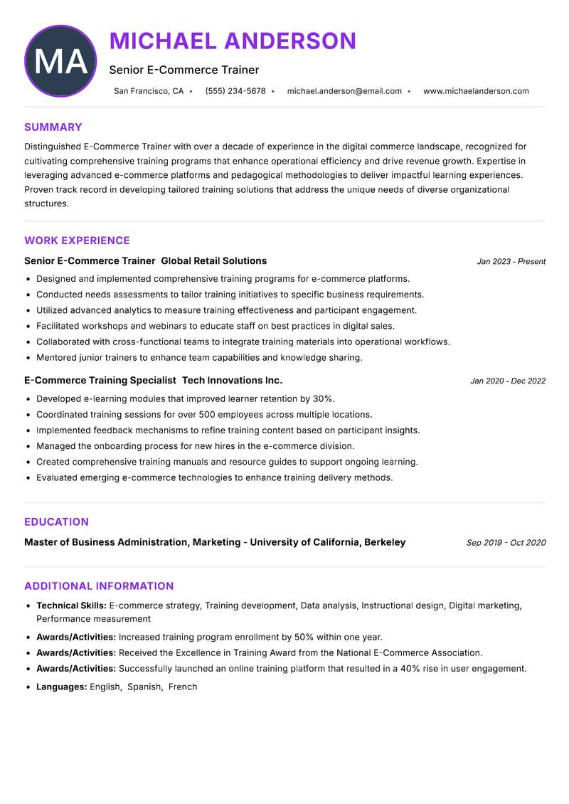 E Commerce Trainer Resume Preview Example