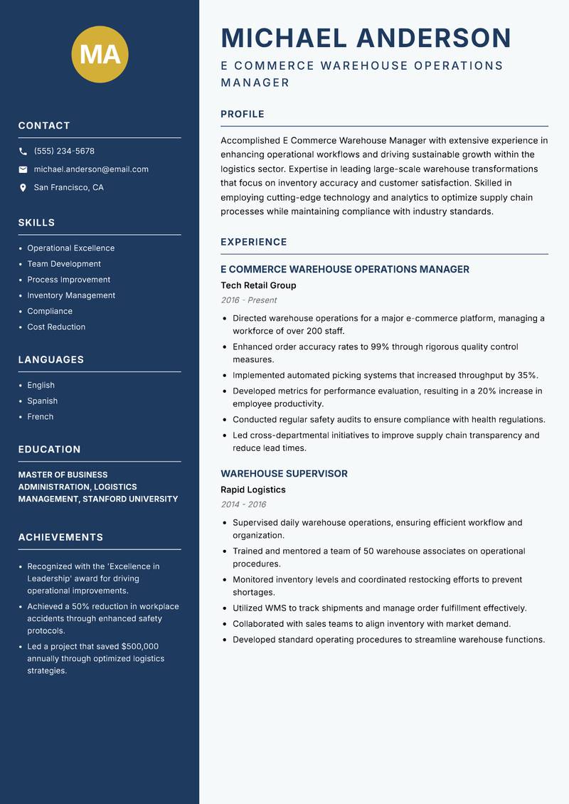 E Commerce Warehouse Manager Resume Preview Example