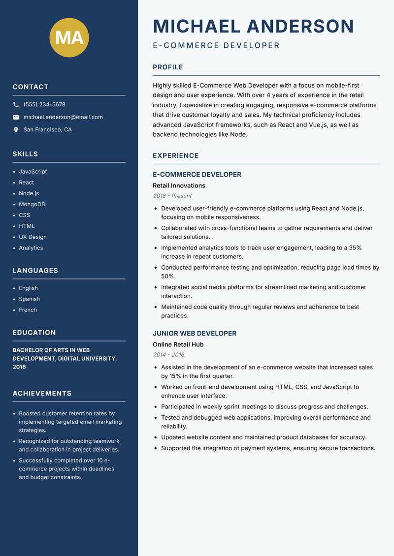 E-Commerce Web Developer Resume Preview Example
