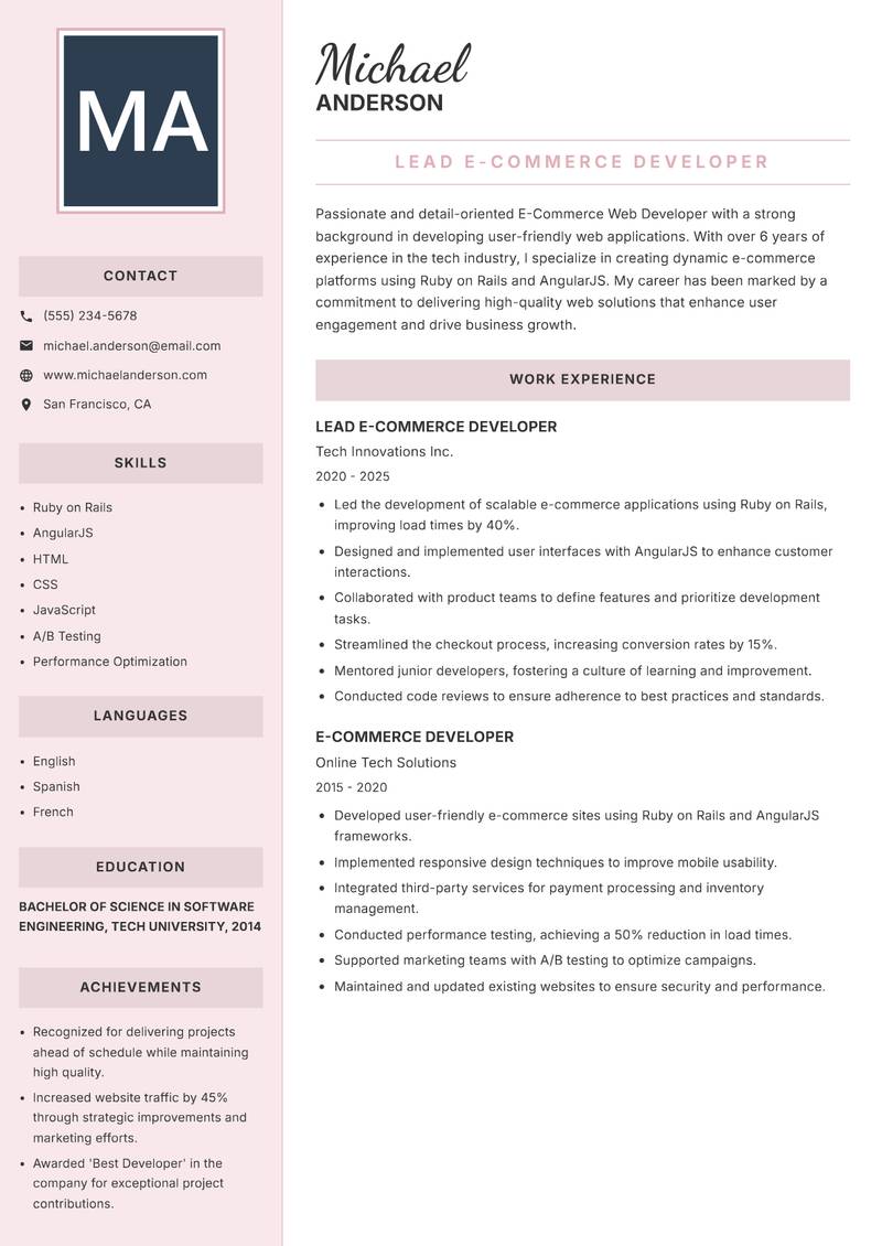 E-Commerce Web Developer Resume Preview Example