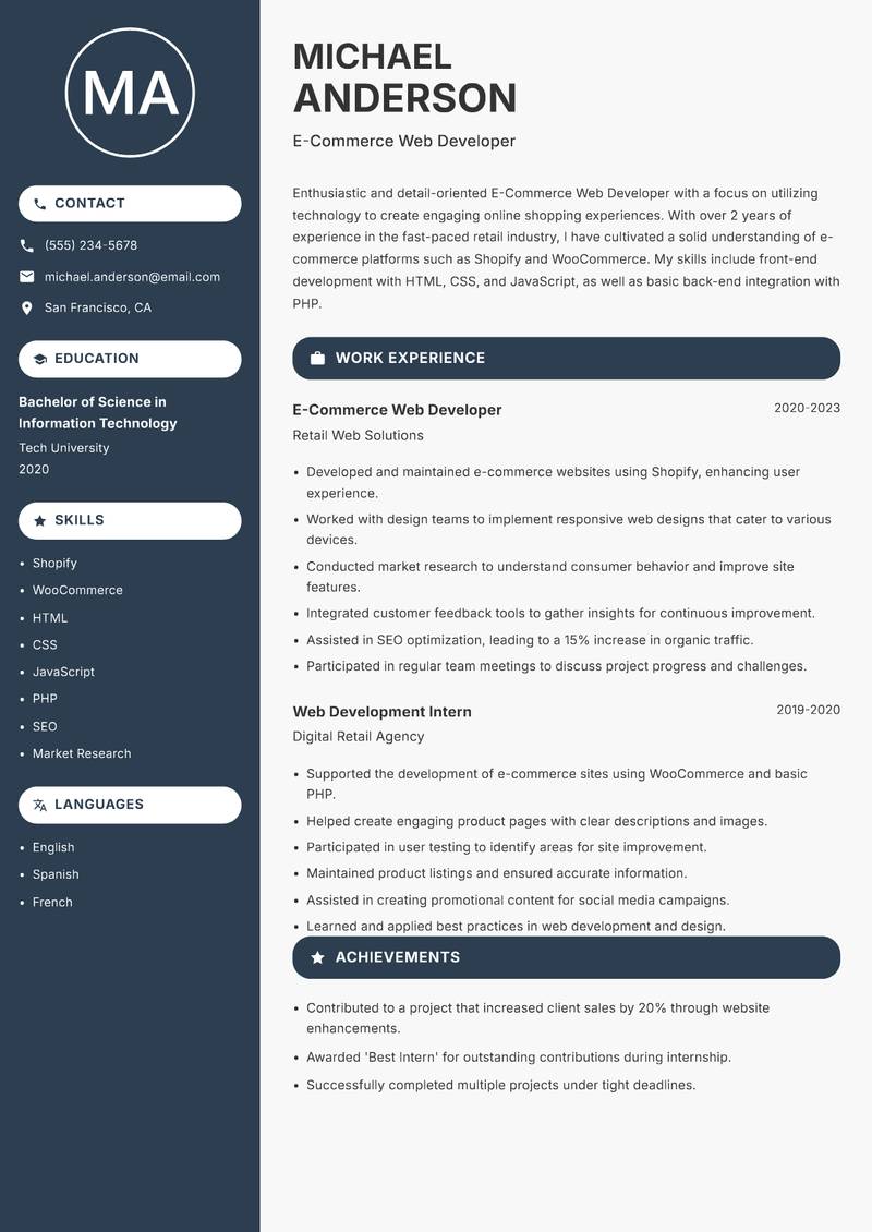 E-Commerce Web Developer Resume Preview Example