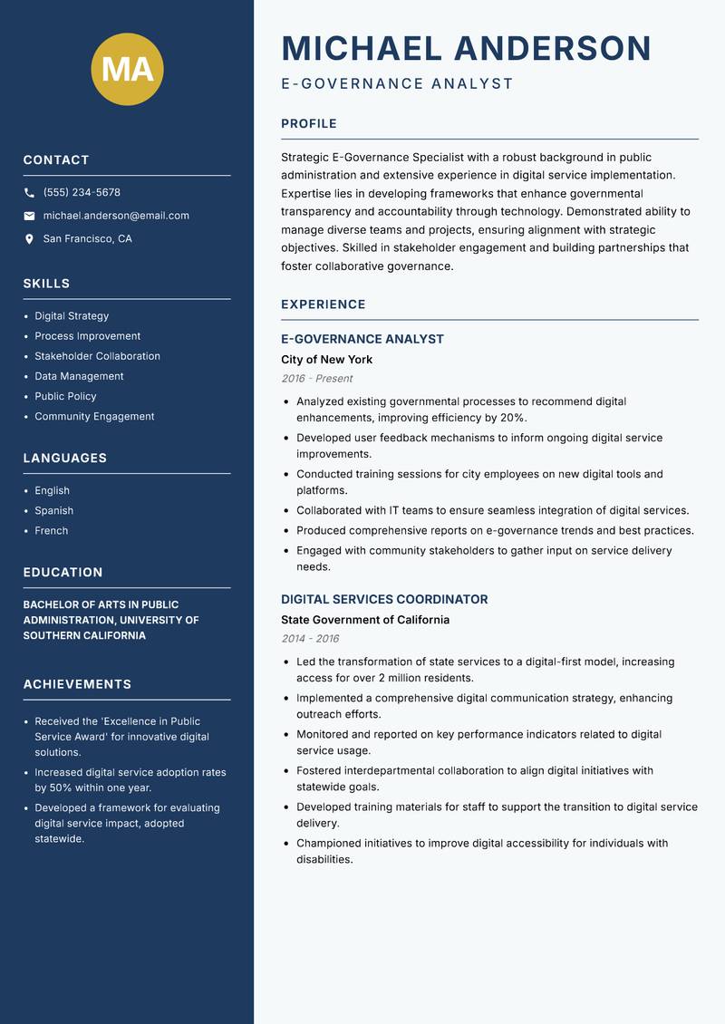 E-Governance Specialist Resume Preview Example