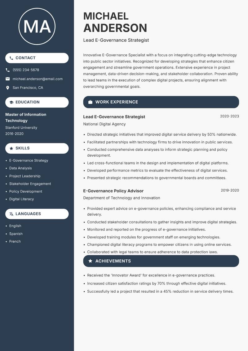 E-Governance Specialist Resume Preview Example