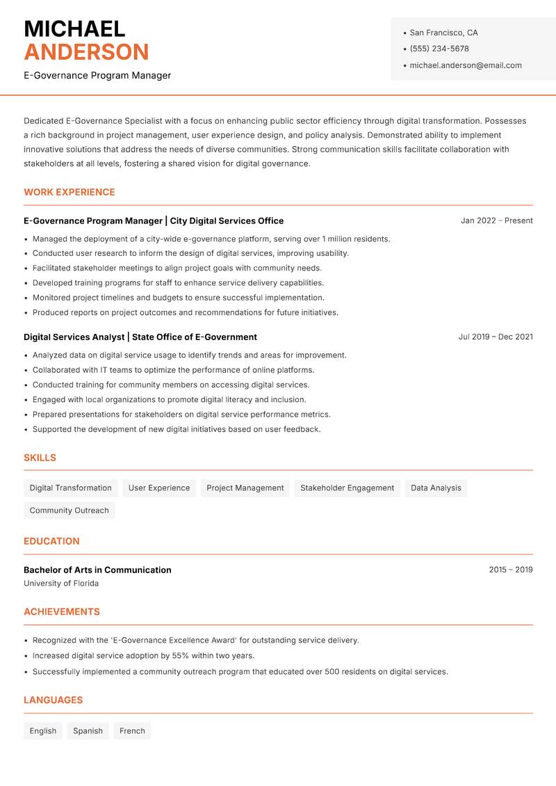 E-Governance Specialist Resume Template
