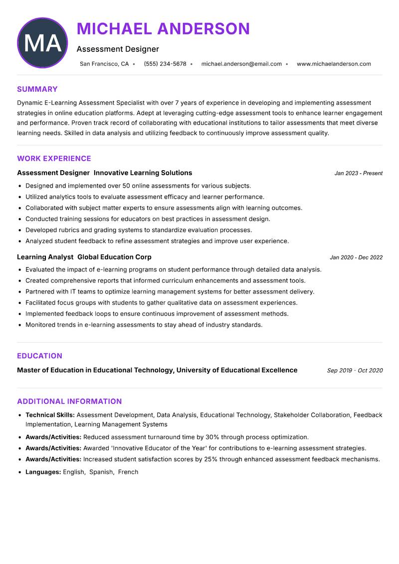 E-Learning Assessment Specialist Resume Preview Example