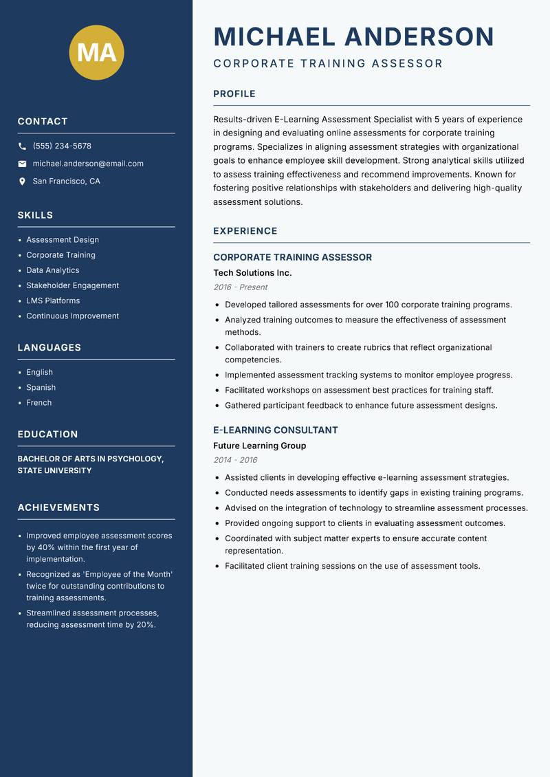 E-Learning Assessment Specialist Resume Preview Example