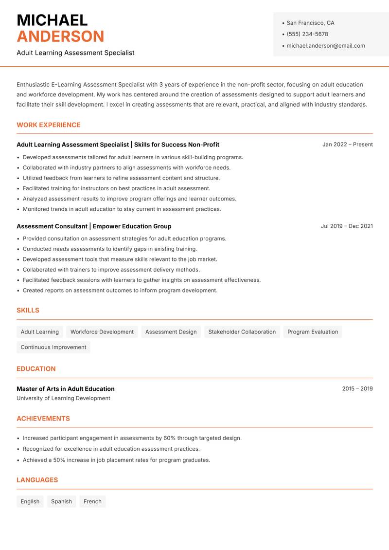 E-Learning Assessment Specialist Resume Template