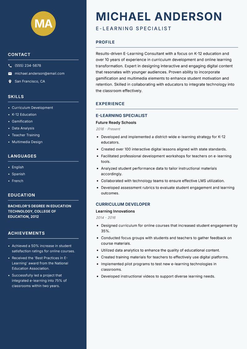 E-Learning Consultant Resume Preview Example