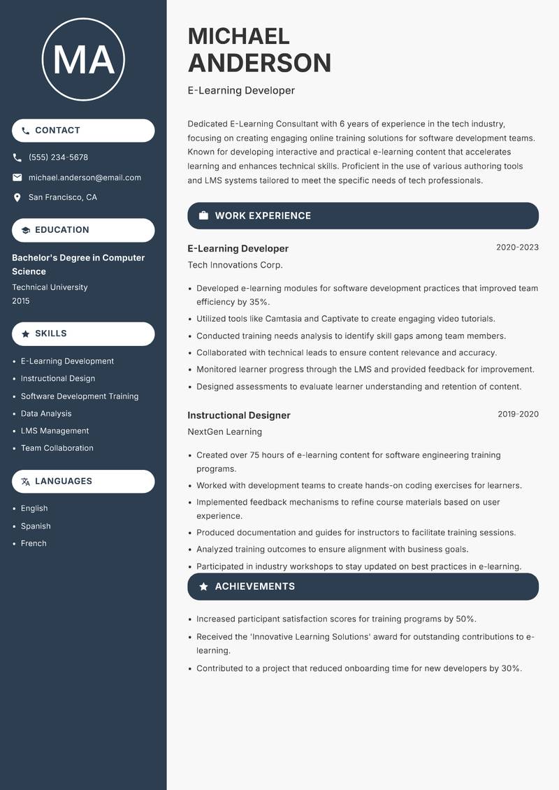 E-Learning Consultant Resume Preview Example