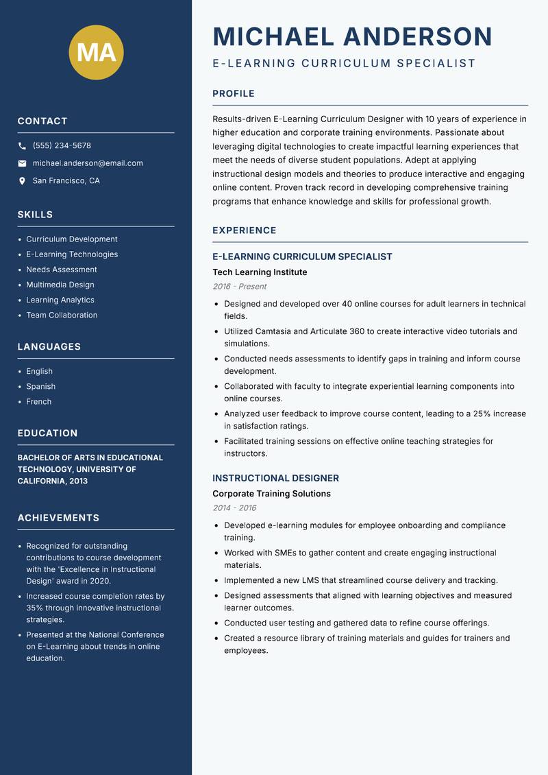 E-Learning Curriculum Designer Resume Preview Example