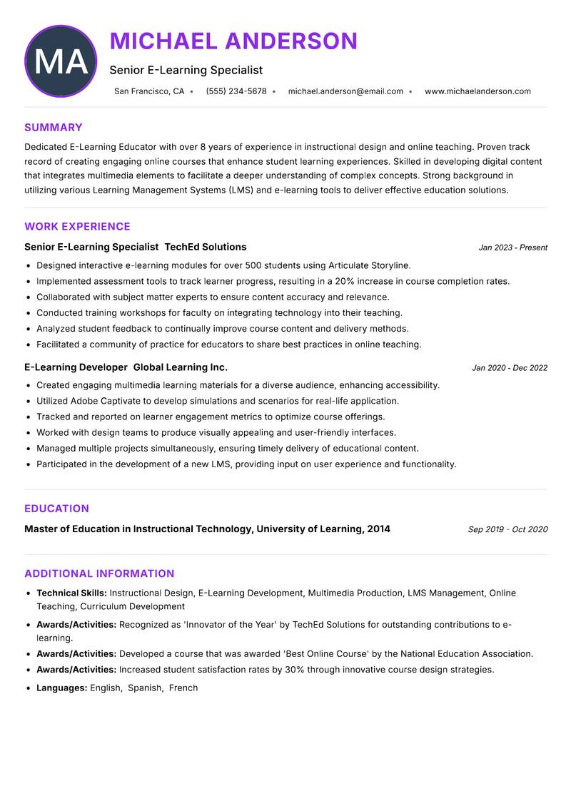 E-Learning Educator Resume Preview Example