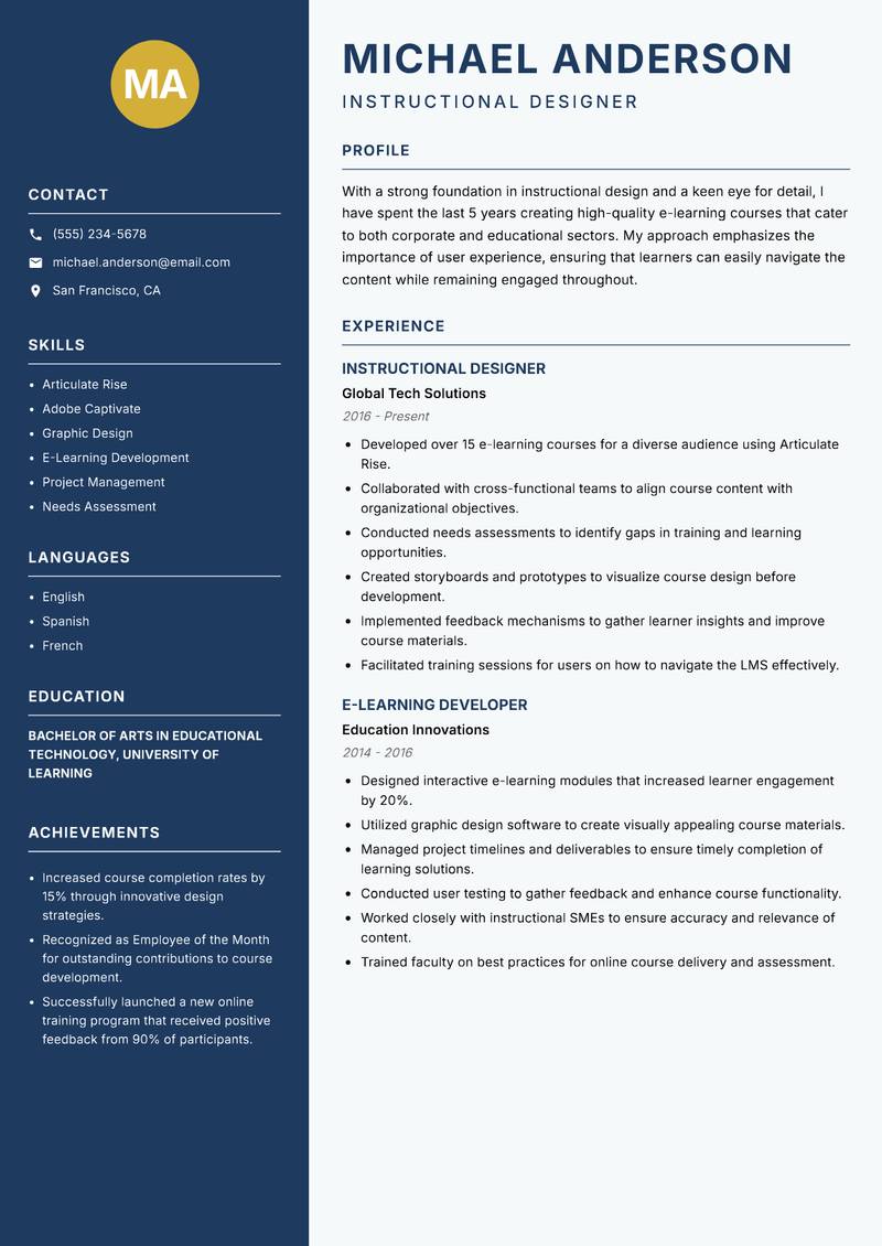 E-Learning Instructional Designer Resume Preview Example
