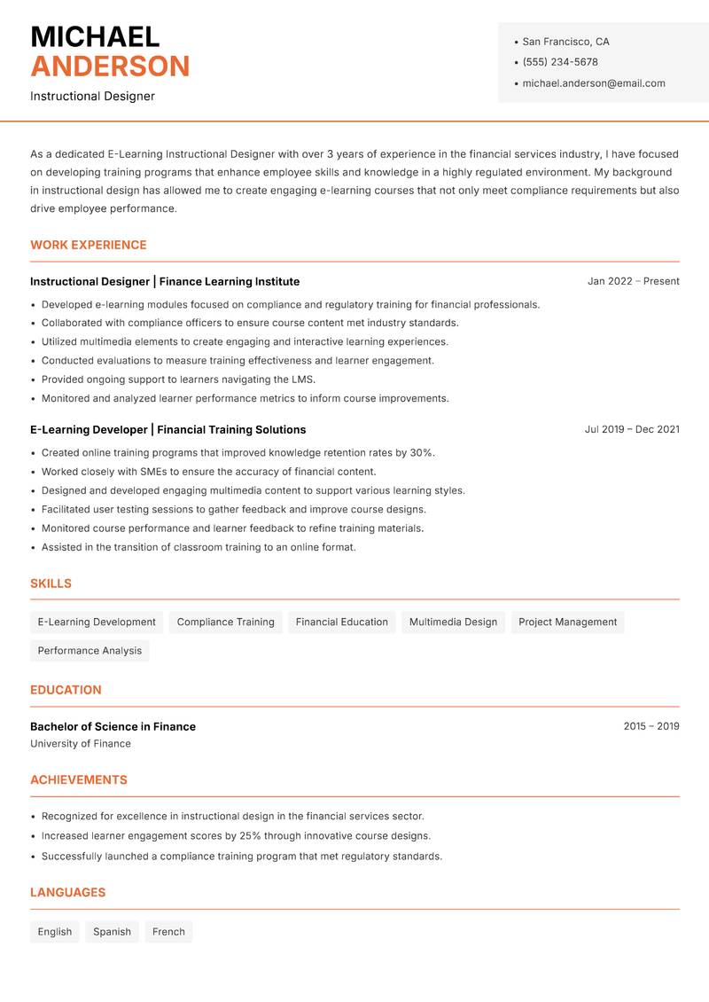 E-Learning Instructional Designer Resume Template