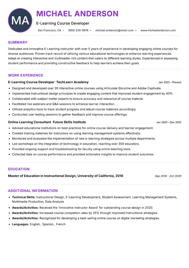 E-Learning Instructor Resume Preview Example