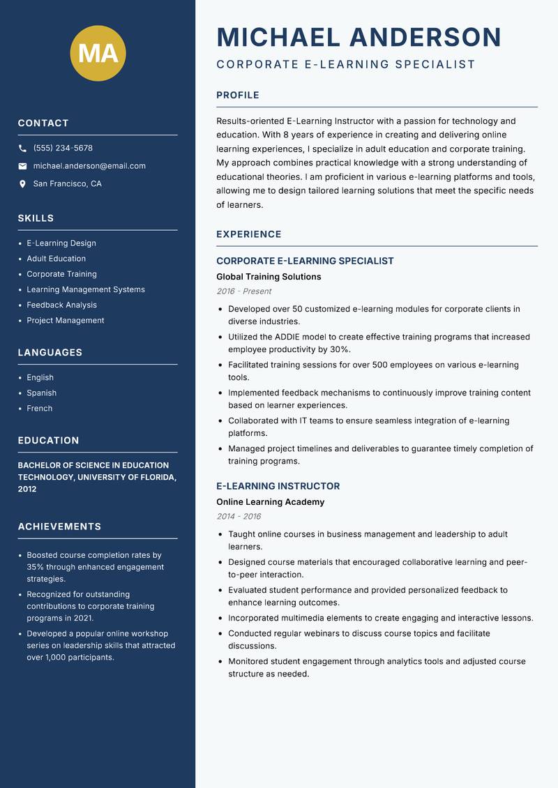 E-Learning Instructor Resume Preview Example