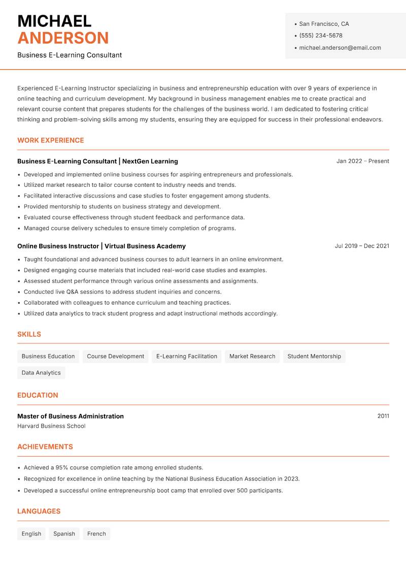 E-Learning Instructor Resume Template