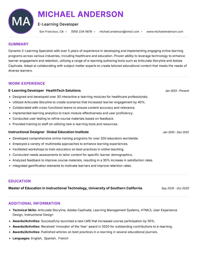 E-Learning Specialist Resume Preview Example
