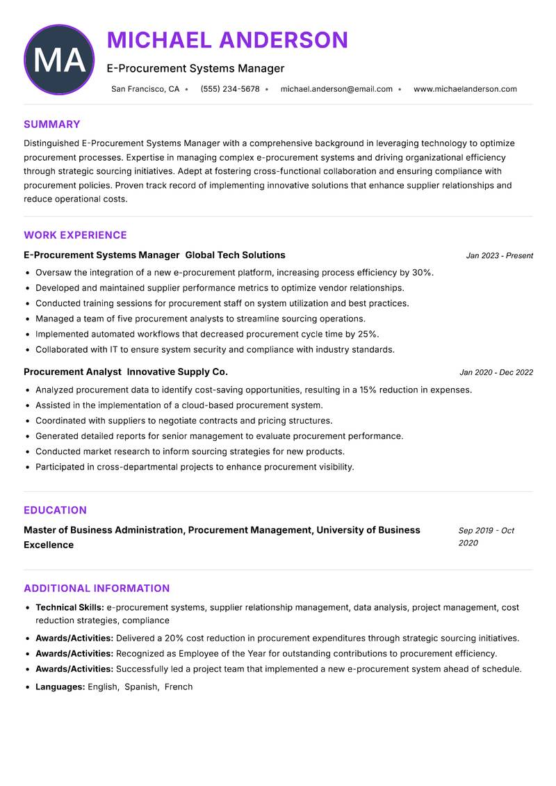 E-Procurement Systems Manager Resume Preview Example